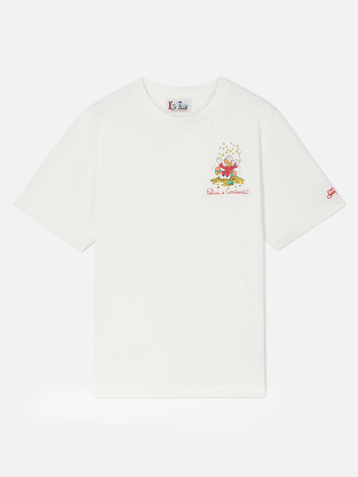 T-shirt Arnott blanc avec imprimé Scrooge McDuck et lettrage Felici e Contanti 