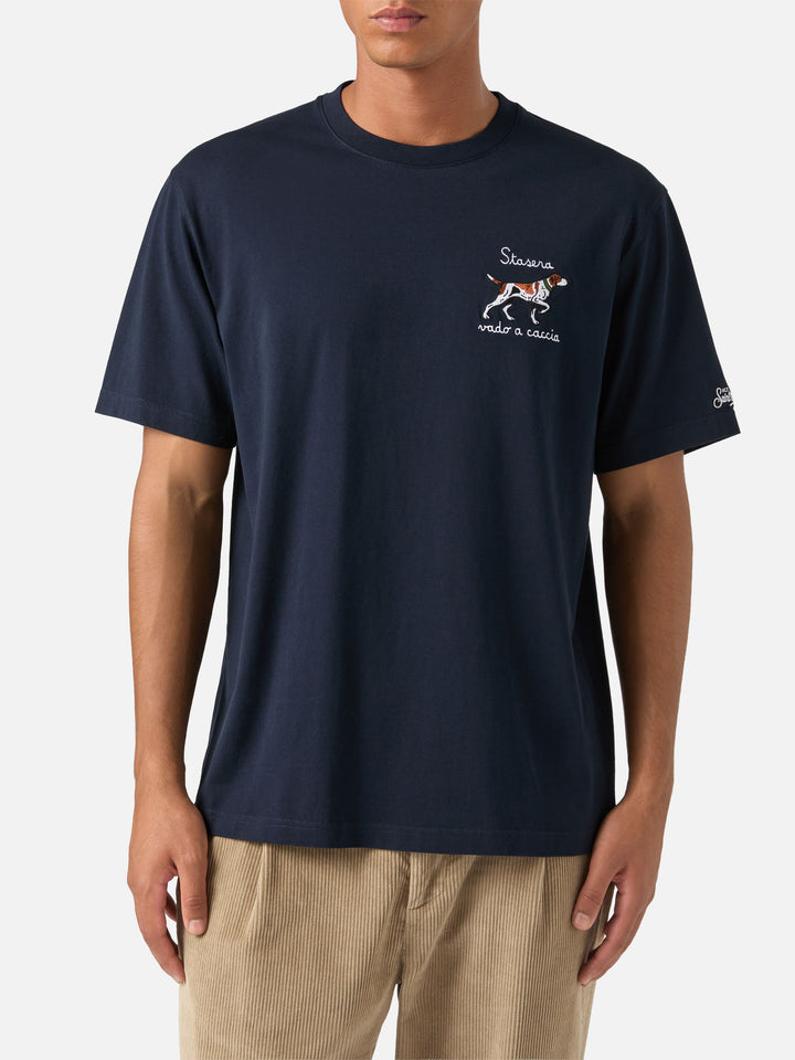 T-shirt en coton Arnott blue avec broderie de chien de chasse 