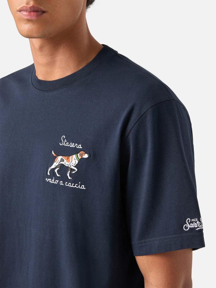 T-shirt en coton Arnott blue avec broderie de chien de chasse 
