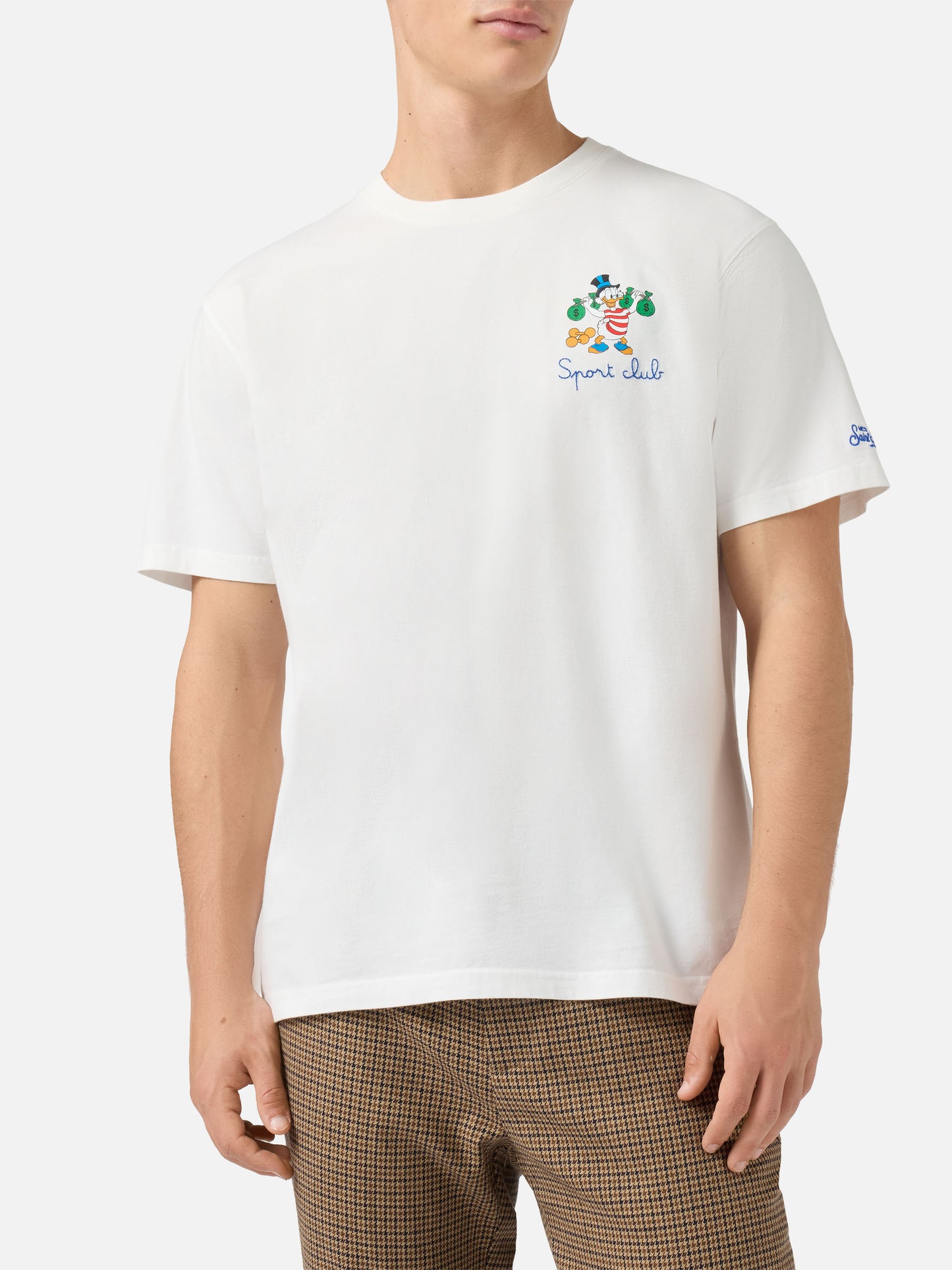 Weißes Arnott-Baumwoll-T-Shirt mit Dagobert-Duck-Sportclub-Stickerei | DISNEY-SONDEREDITION