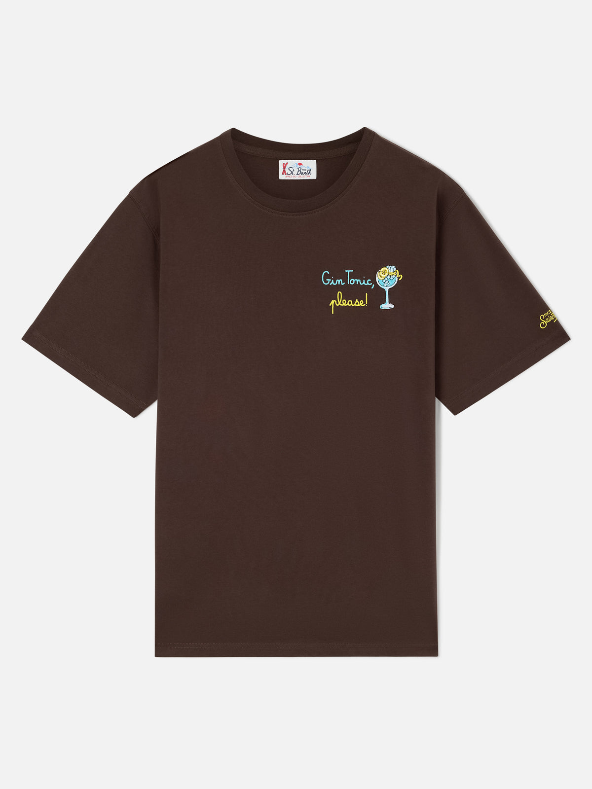 Braunes T-Shirt aus Arnott Baumwolle mit Stickerei Gin Tonic Please 