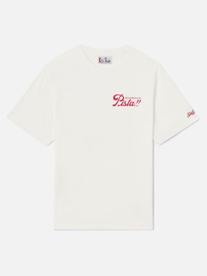 T-shirt Arnott Warm bianca in cotone con stampa Facciamoci Una Pista sul retro