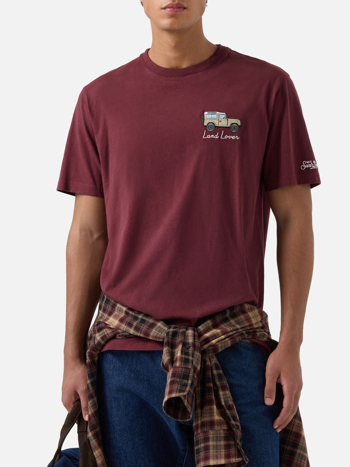 Burgundy Arnott Warm organic cotton t-shirt with Land Lover print and embroidery