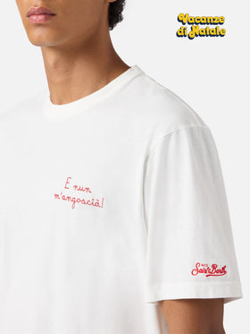 Arnott Warm Winter-Baumwoll-T-Shirt in Weiß mit E nun m'angoscià-Stickerei | VACANZE DI NATALE SPECIAL EDITION
