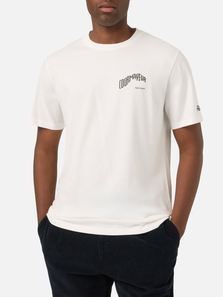 T-shirt blanc en coton biologique chaud Arnott avec imprimé Courmayeur au dos | Special edition 