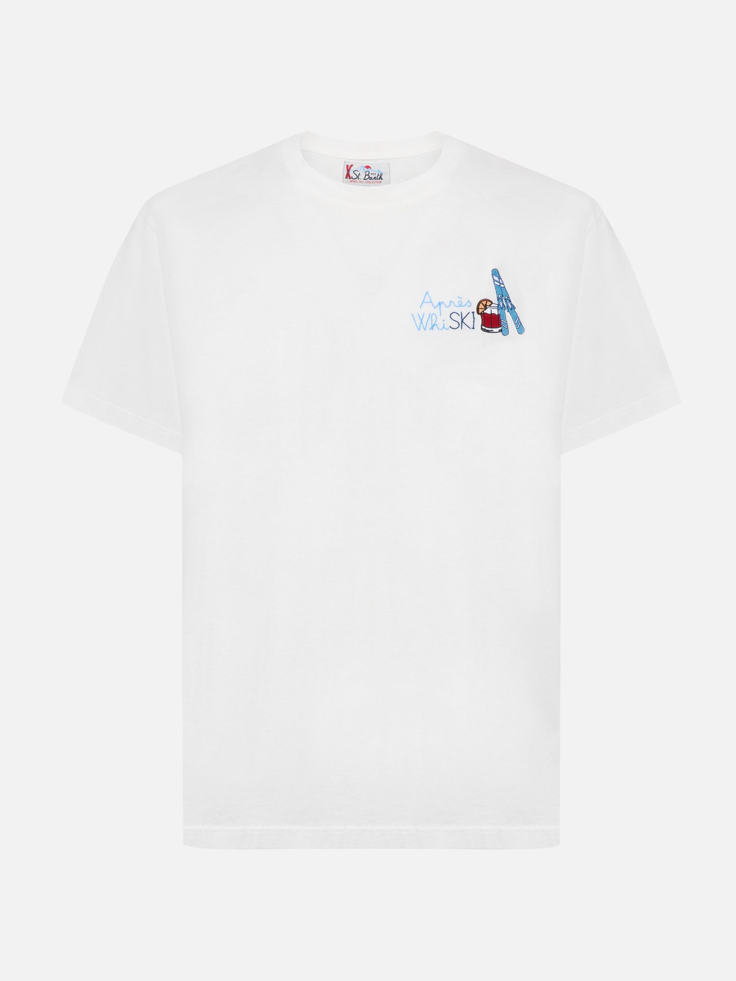Arnott Warm winter cotton T-shirt in white with Après Ski embroidery