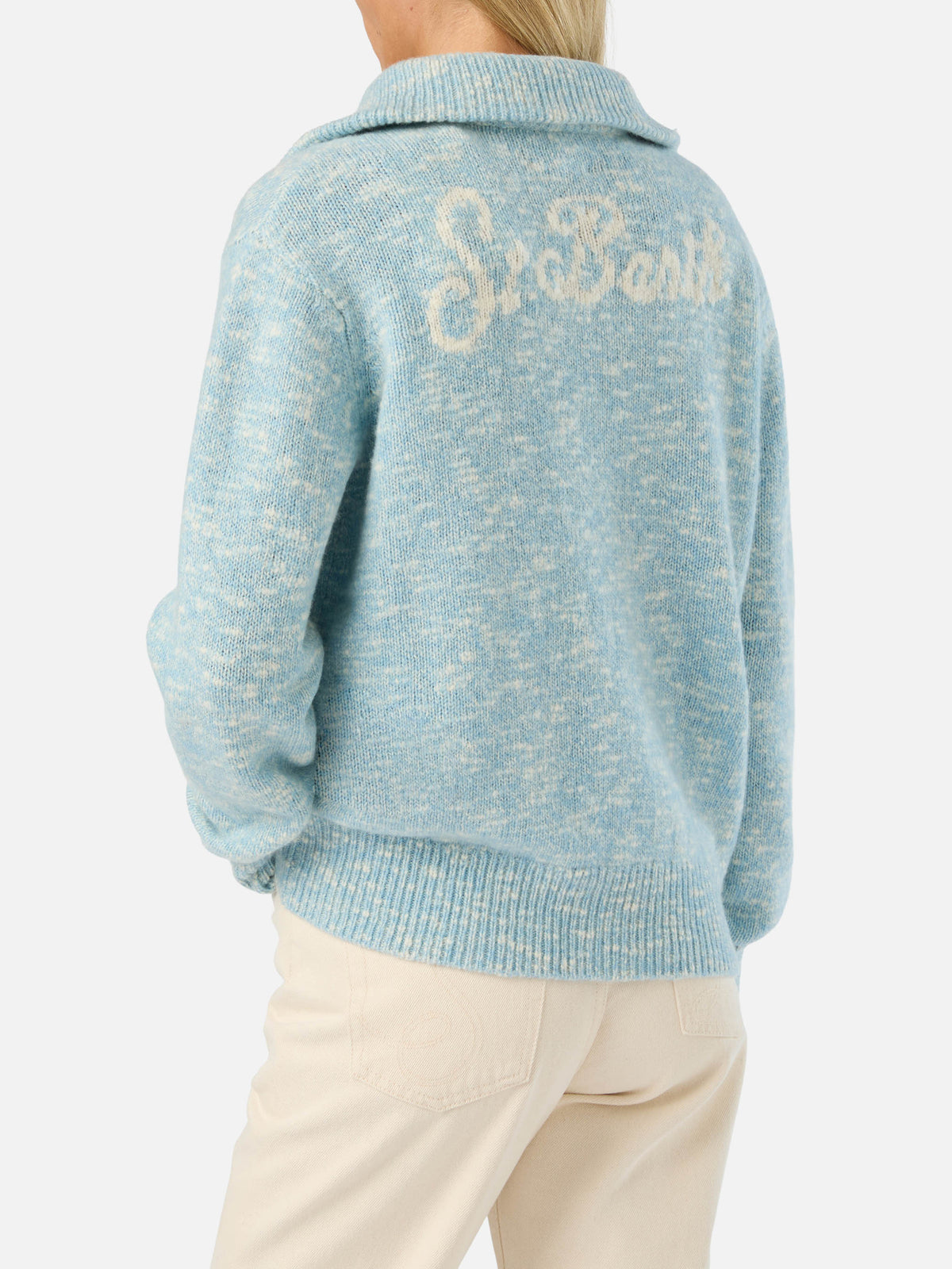 Light blue Augustine wool half-zip knit with logo embroidery