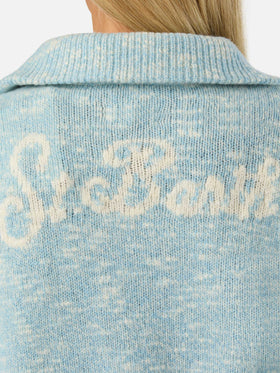Light blue Augustine wool half-zip knit with logo embroidery