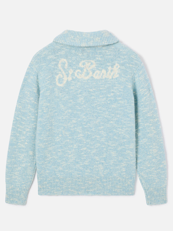 Leichter blue Augustine Wollstrickpullover mit Half-Zip und Logostickerei 