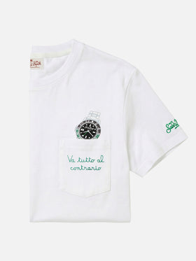 White Austin t-shirt with watch and Va Tutto Al Contrario embroidery