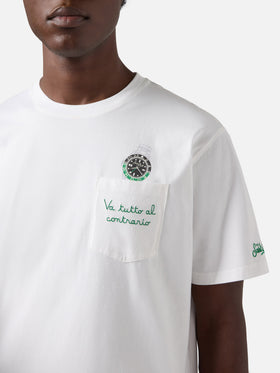 White Austin t-shirt with watch and Va Tutto Al Contrario embroidery