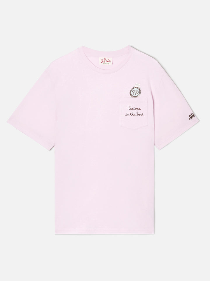 Pink Austin t-shirt with watch and Platona Is The Best embroidery