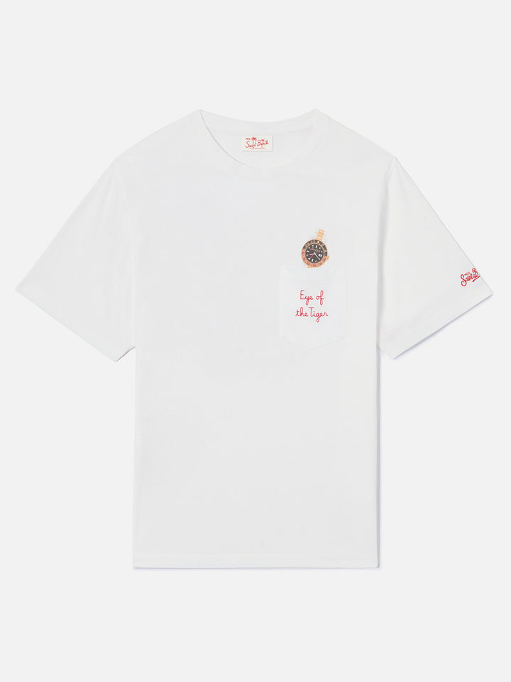 White Austin t-shirt with watch and Eye Of The Tiger embroidery