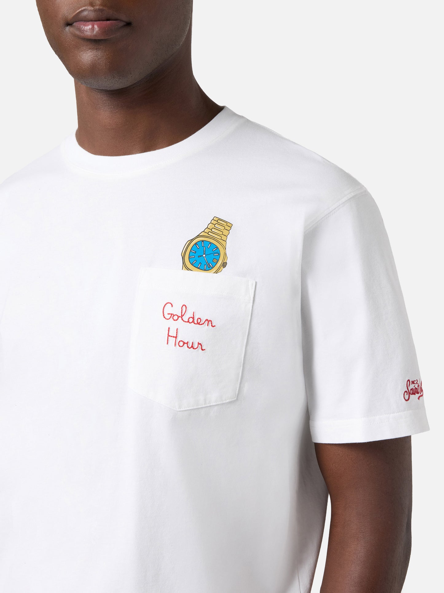 T-shirt Austin bianca con orologio e ricamo Golden Hour