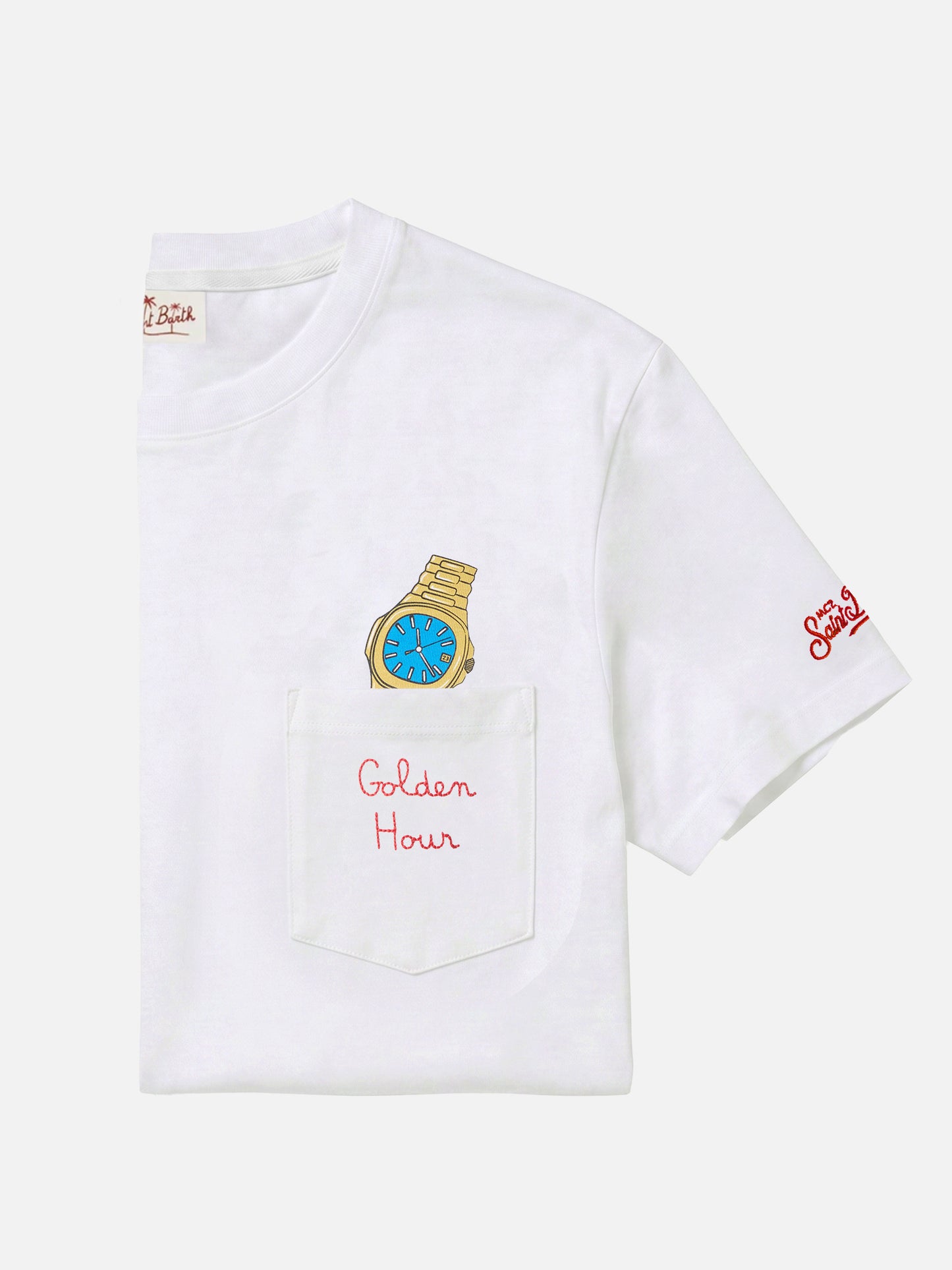 White Austin t-shirt with watch and Golden Hour embroidery