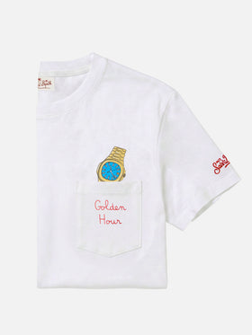 White Austin t-shirt with watch and Golden Hour embroidery