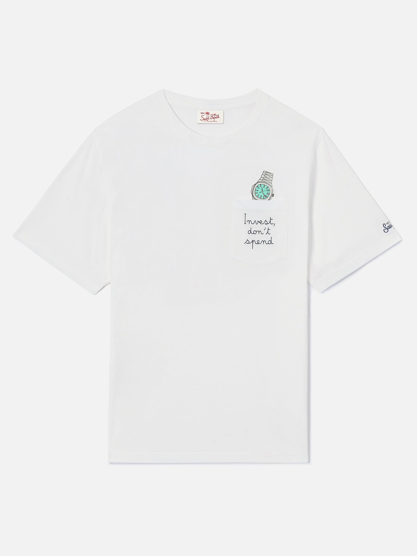 T-shirt Austin blanc avec broderie montre Invest Don't Spend 