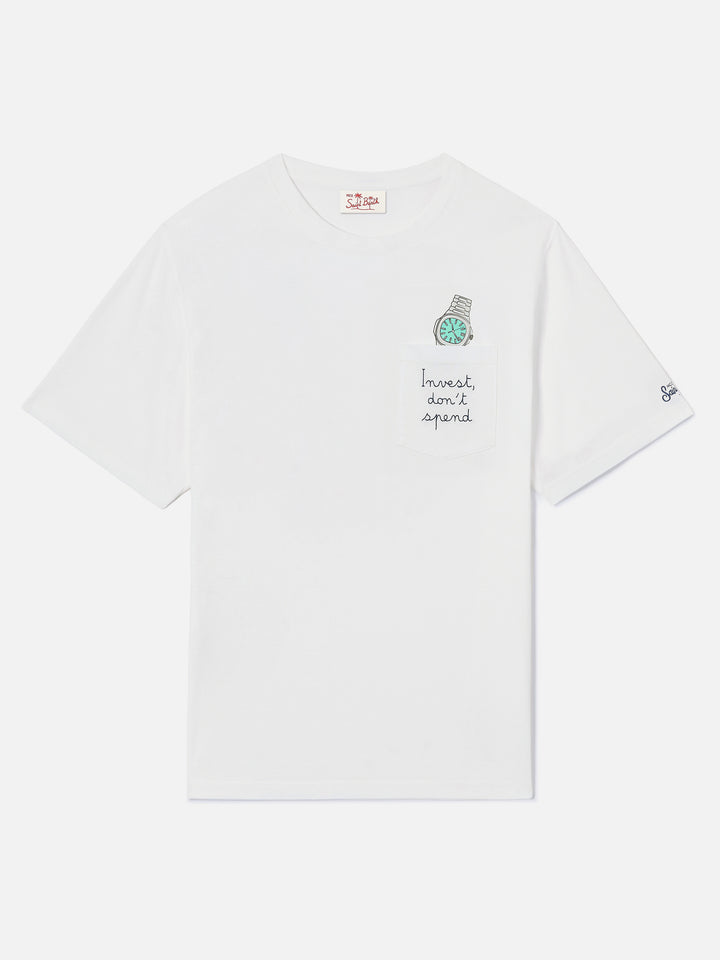 White Austin t-shirt with Invest Don't Spend watch embroidery