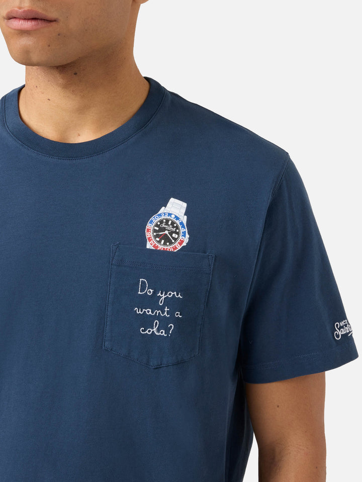 T-shirt Austin blu con orologio e ricamo Do You Want A Cola?