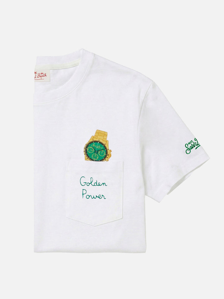 Baumwoll-T-Shirt Austin mit Stickerei und Uhren-Print 