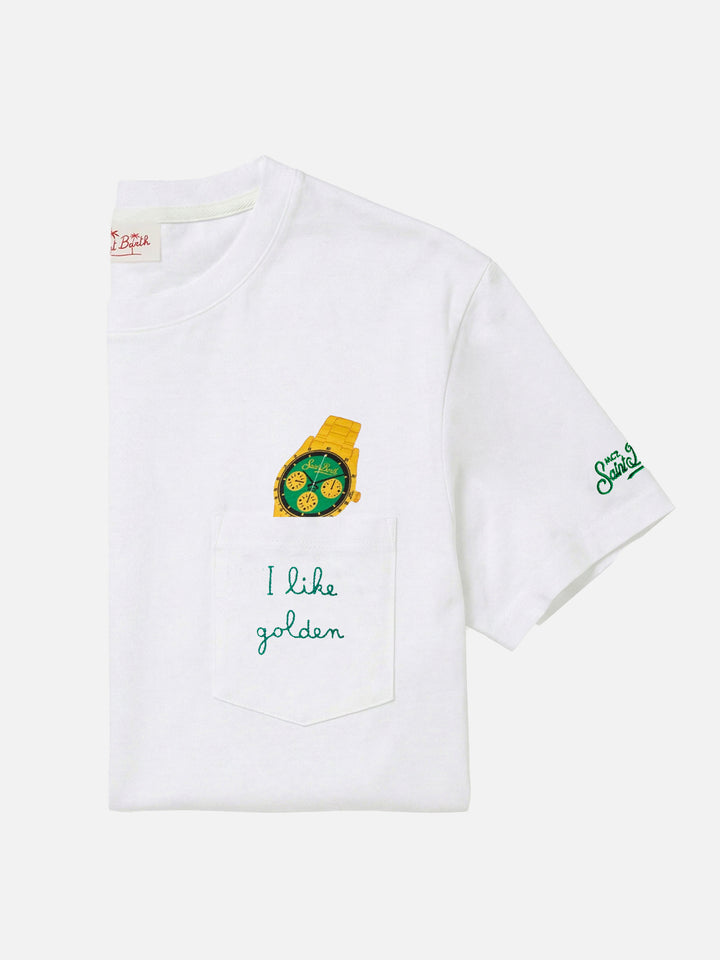 Austin cotton t-shirt with watch print and embroidery