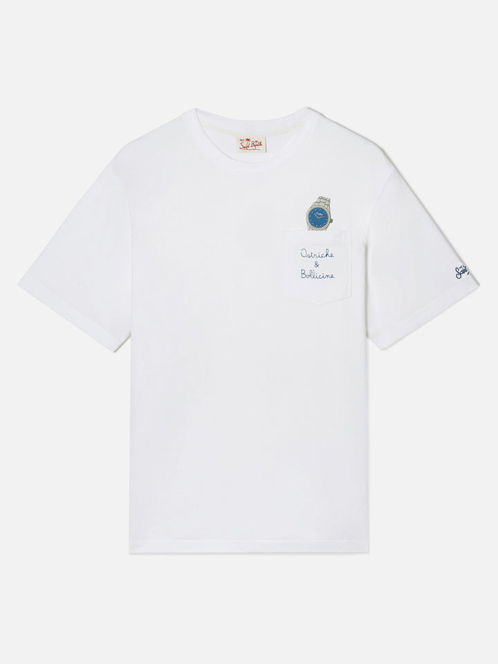 White Austin t-shirt with watch and Ostriche e Bollicine embroidery