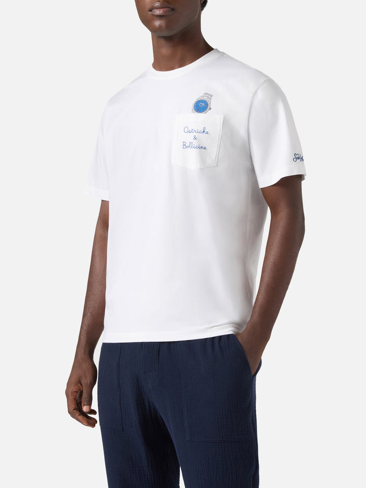 T-shirt Austin bianca con orologio e ricamo Ostriche e Bollicine