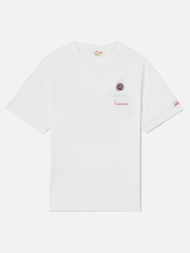 White Austin t-shirt with watch and Freccione embroidery
