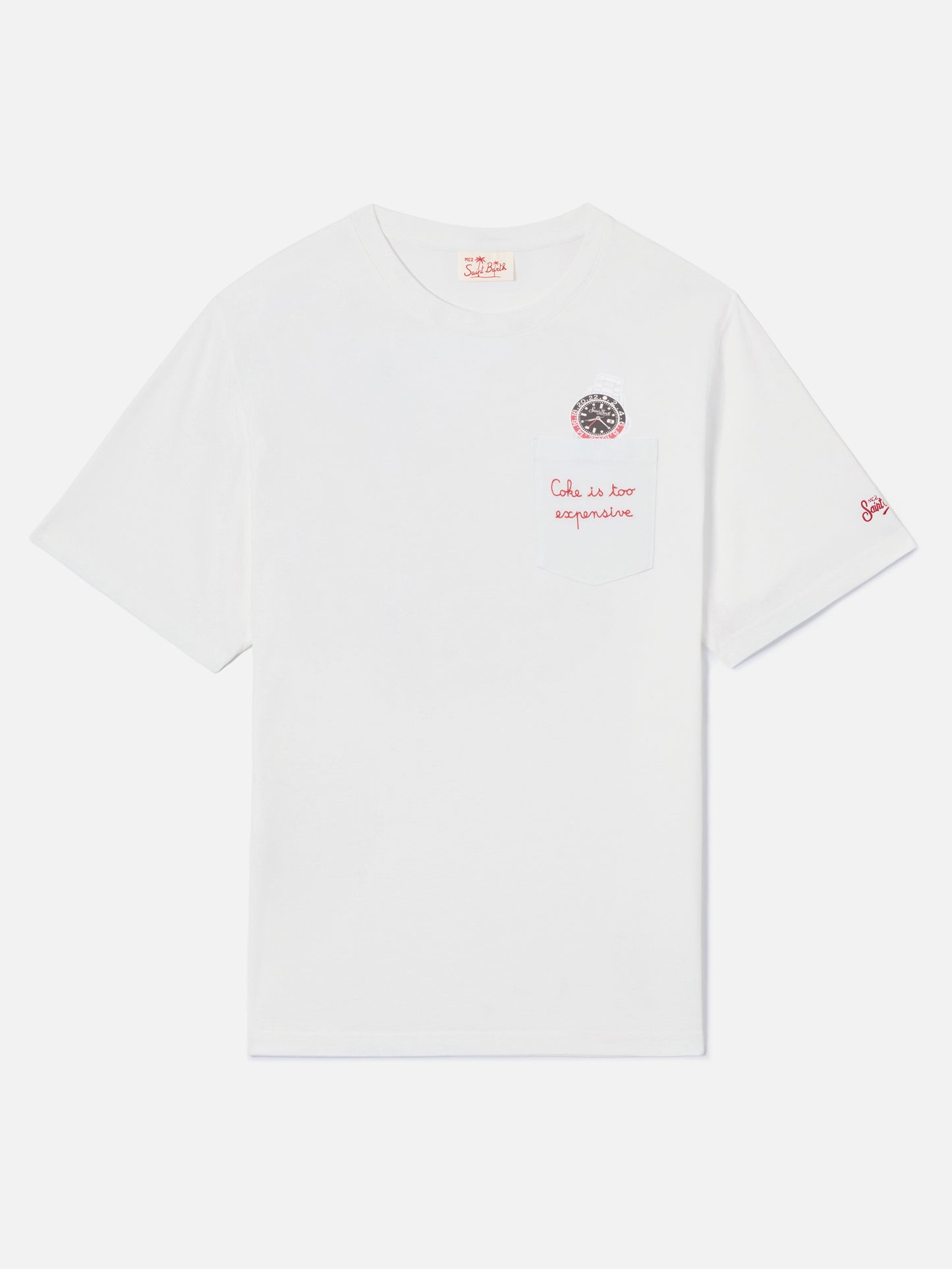 T-shirt Austin blanc avec broderie montre et Coke Is Too Expensive 