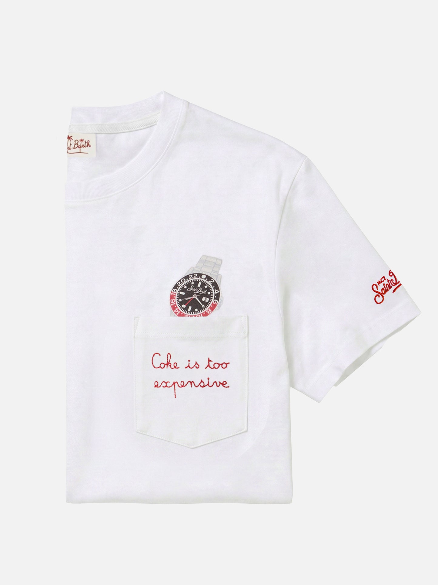 T-shirt Austin blanc avec broderie montre et Coke Is Too Expensive 