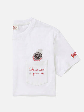 T-shirt Austin blanc avec broderie montre et Coke Is Too Expensive 