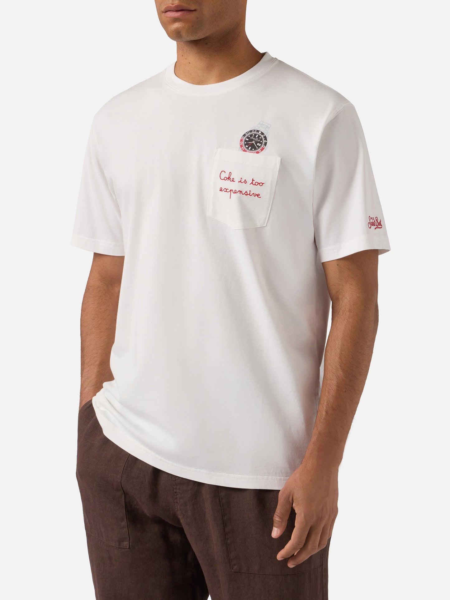 T-shirt Austin blanc avec broderie montre et Coke Is Too Expensive 
