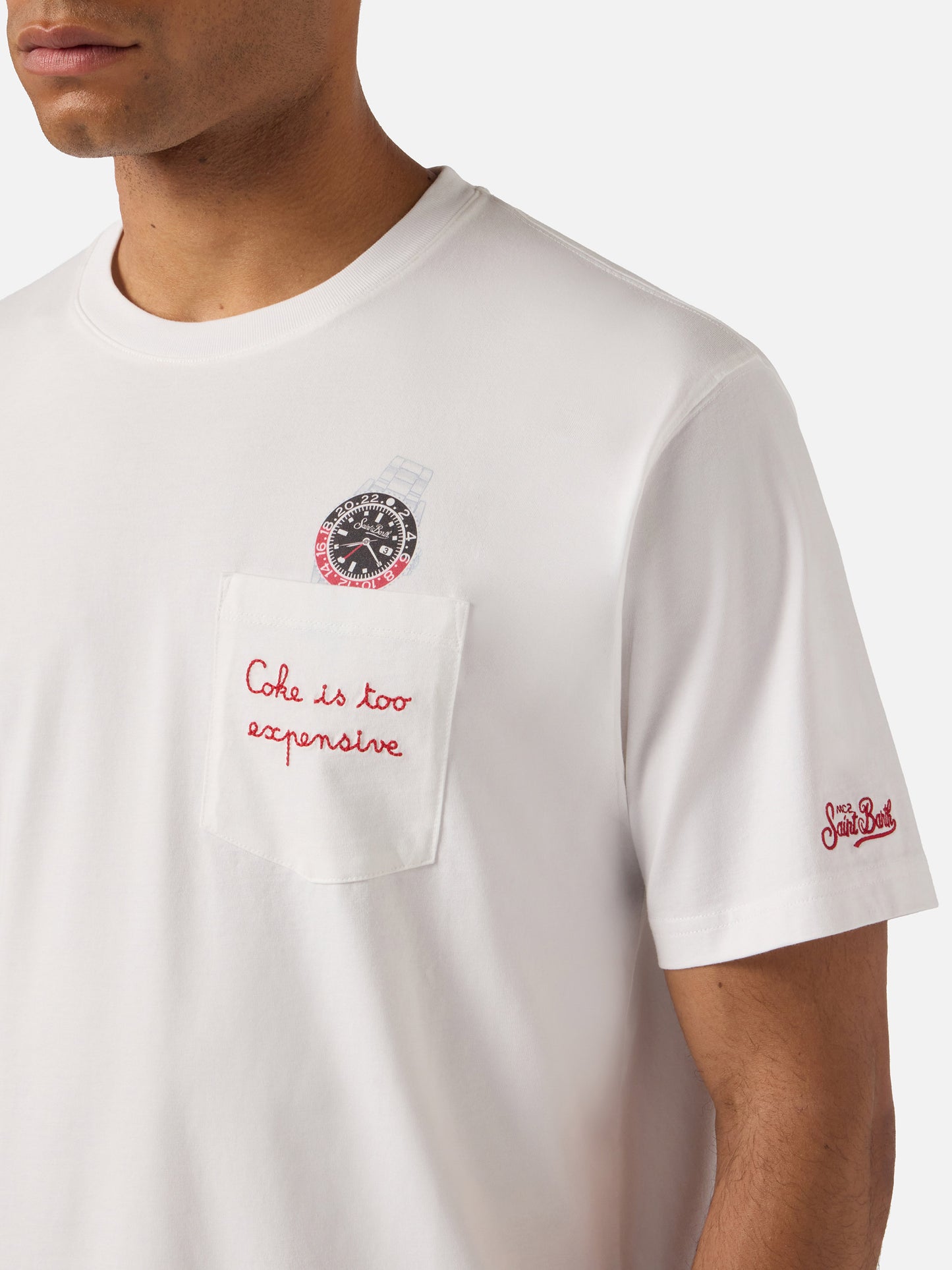 T-shirt Austin blanc avec broderie montre et Coke Is Too Expensive 
