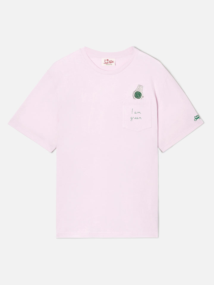 Pink Austin t-shirt with watch and I Am Green embroidery
