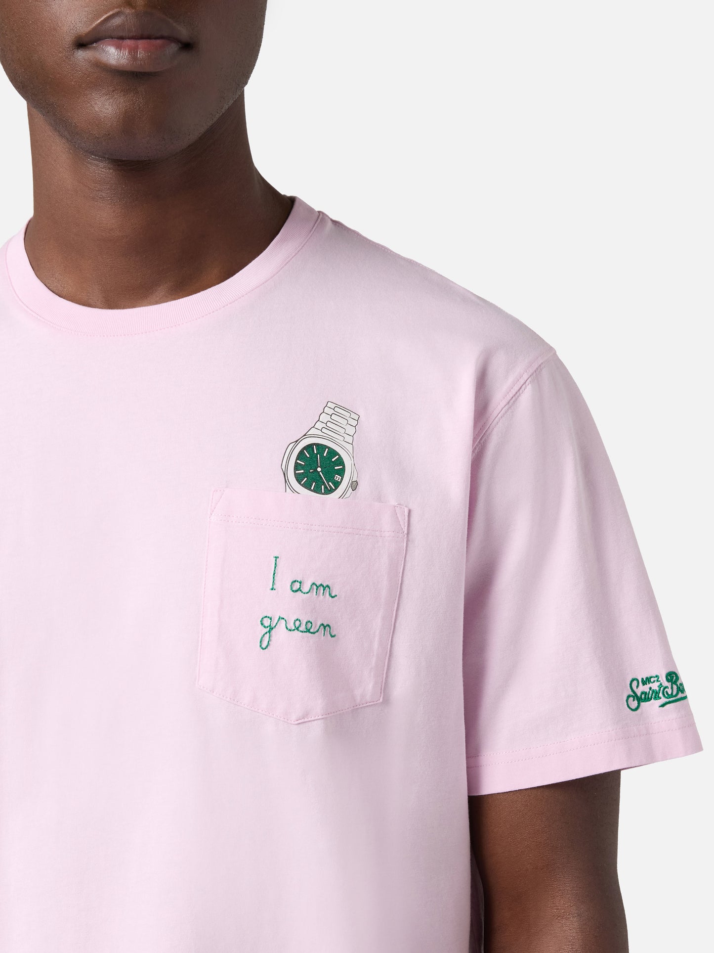 T-shirt Austin rosa con orologio e ricamo I Am Green