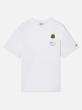 White Austin t-shirt with watch and Call Me James embroidery