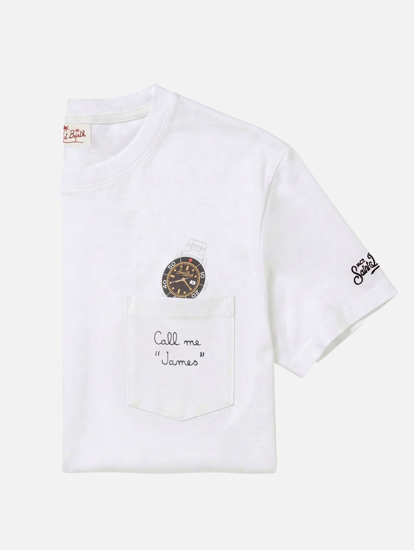 Weißes Austin T-Shirt mit Uhren- und Call Me James-Stickerei 