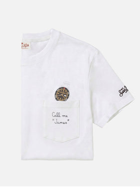 Weißes Austin T-Shirt mit Uhren- und Call Me James-Stickerei 