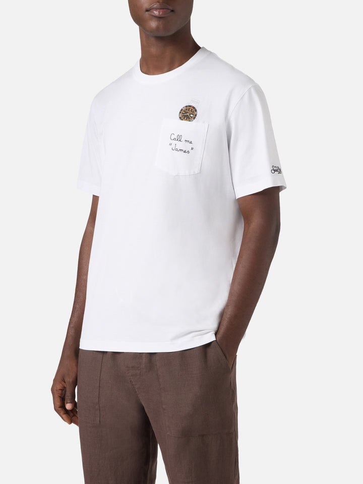T-shirt Austin bianca con orologio e ricamo Call Me James