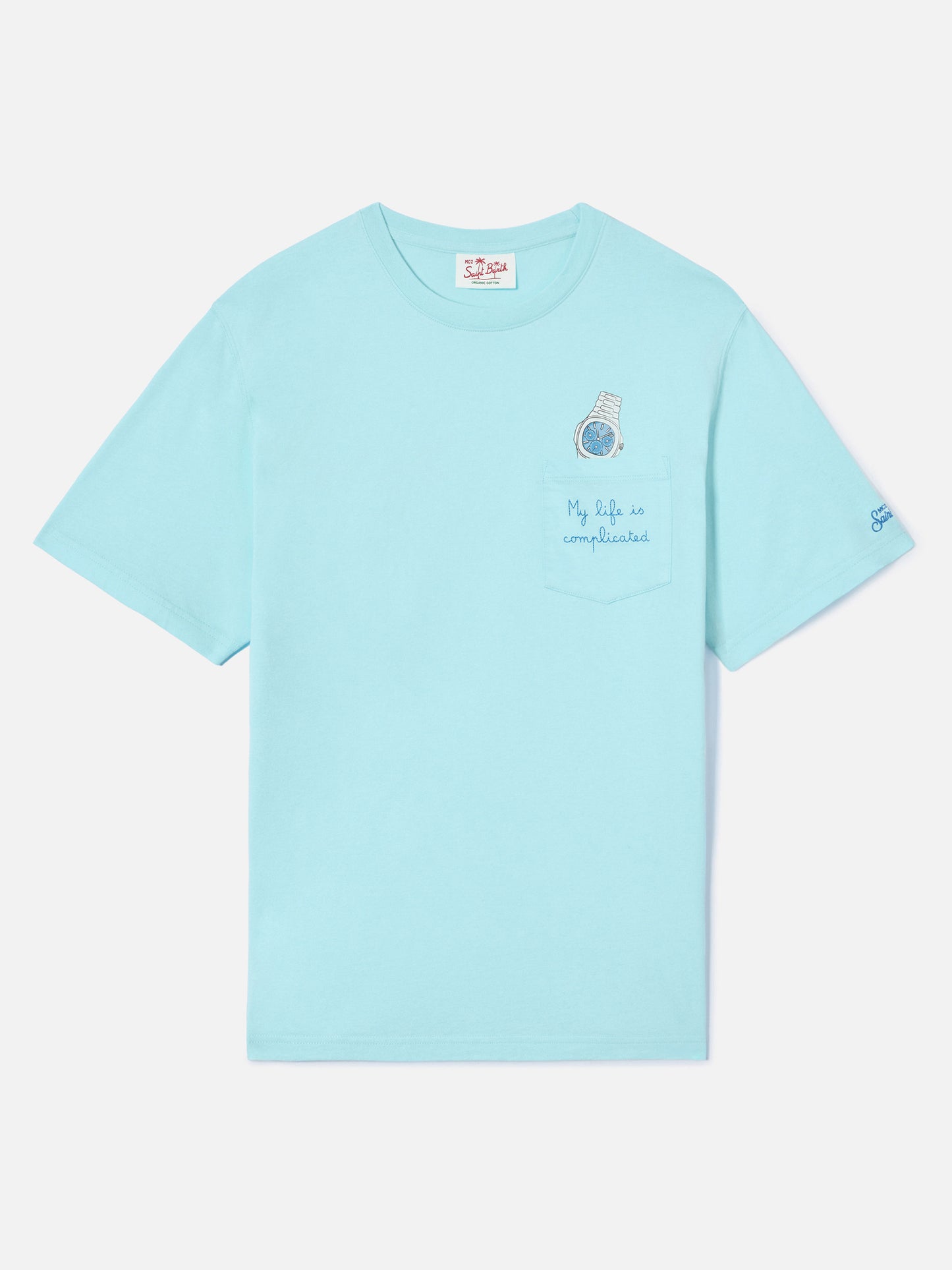 Light blue Austin t-shirt with watch and My Life Is Complicated embroidery