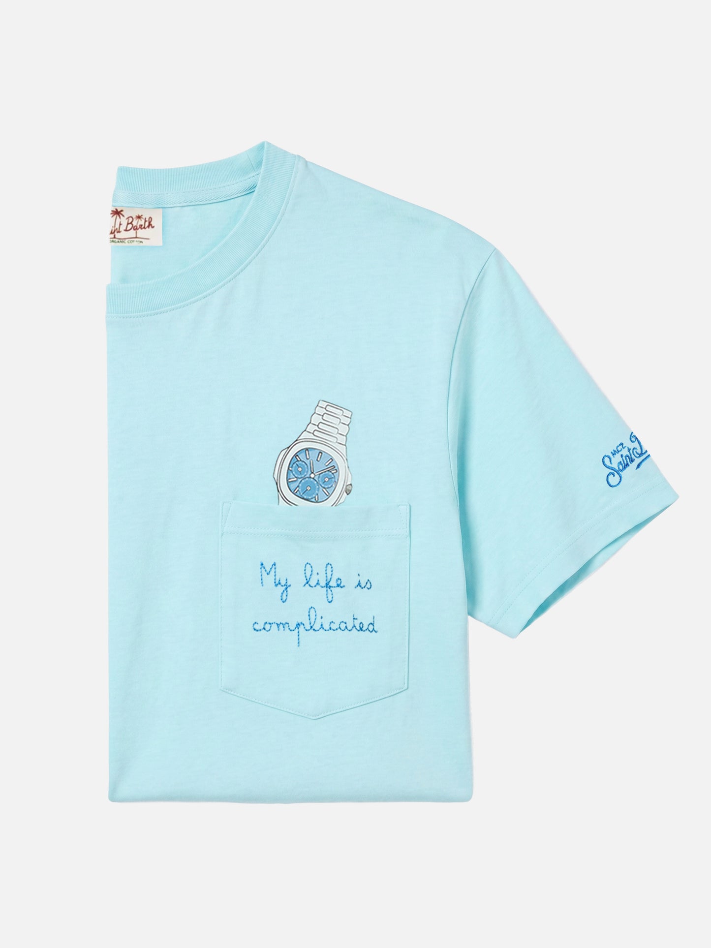 Light blue Austin t-shirt with watch and My Life Is Complicated embroidery