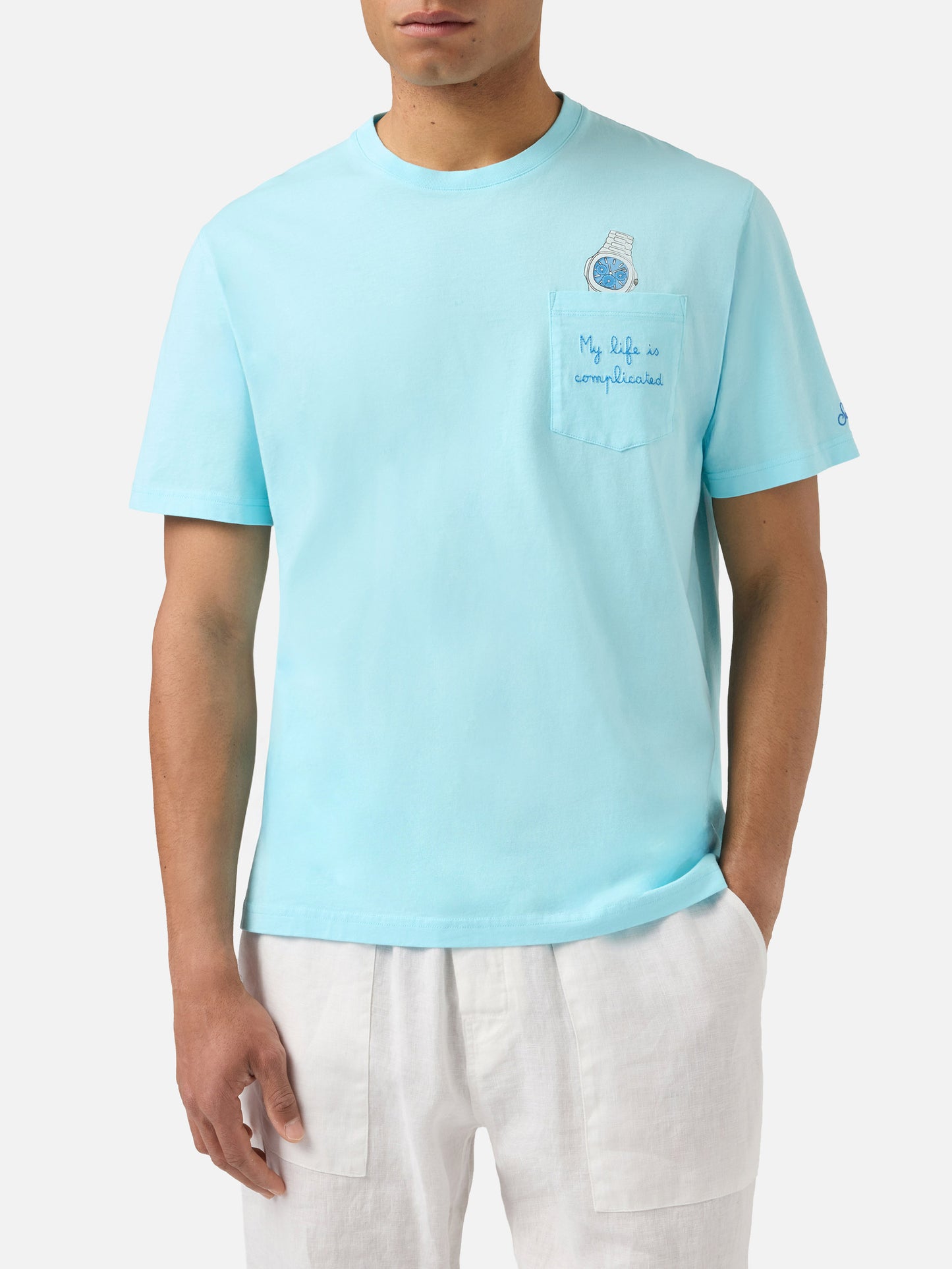 Light blue Austin t-shirt with watch and My Life Is Complicated embroidery