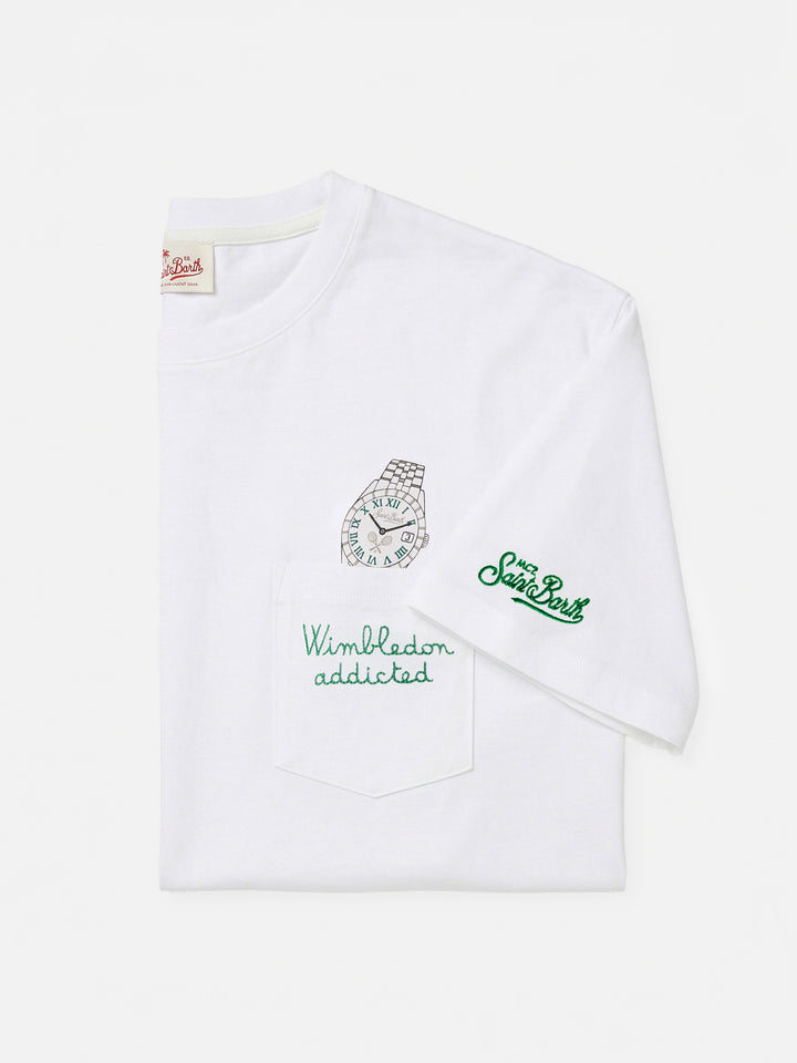 White Austin t-shirt with watch and Wimbledon Addicted embroidery