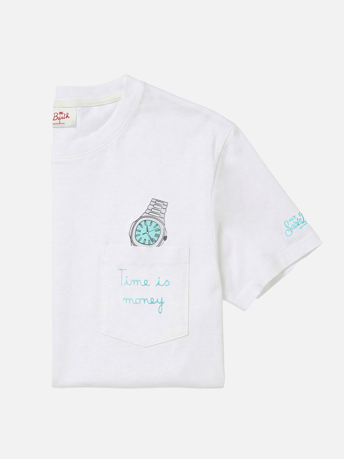 White Austin t-shirt with watch and Time Is Money embroidery