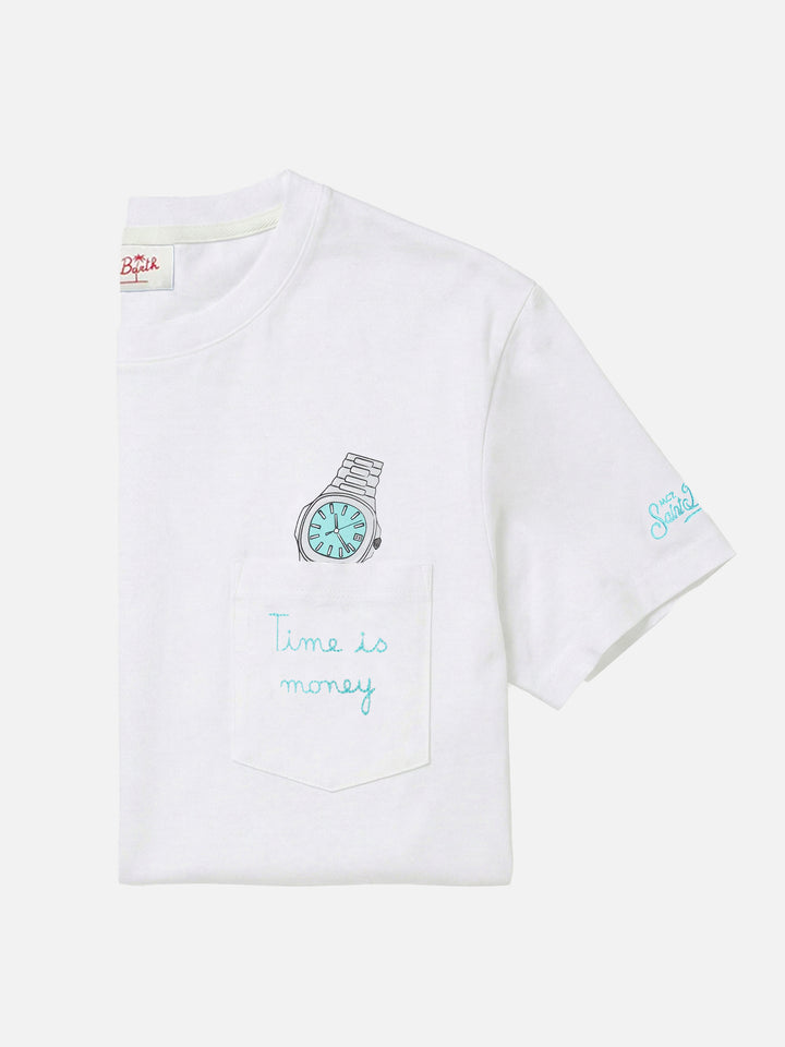 Weißes Austin T-Shirt mit Uhr und „Time Is Money“-Stickerei 