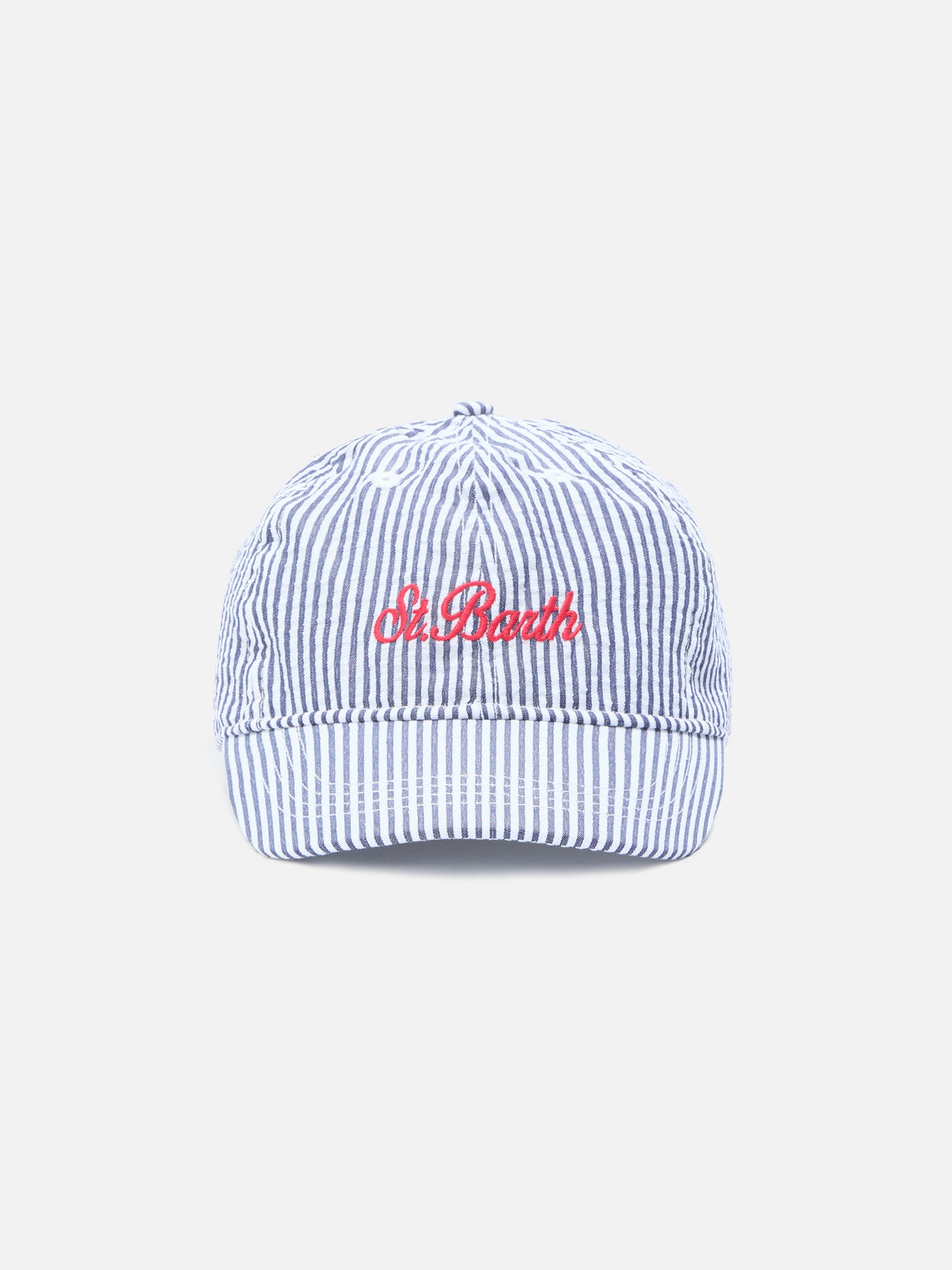 Gorra de béisbol con visera en seersucker de algodón con rayas azules y blancas 