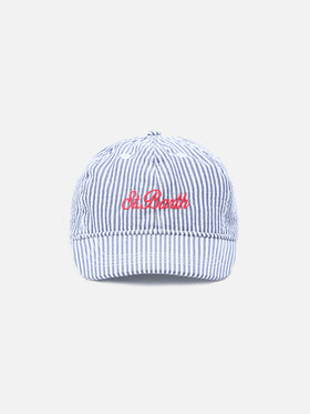 Gorra de béisbol con visera en seersucker de algodón con rayas azules y blancas 