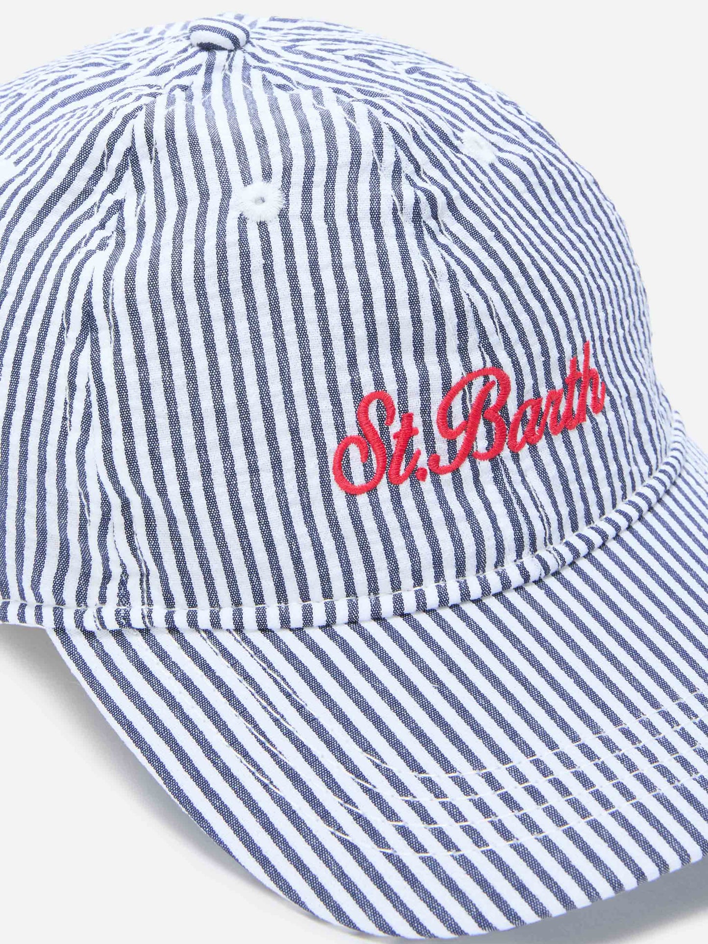 Gorra de béisbol con visera en seersucker de algodón con rayas azules y blancas 
