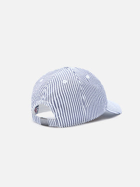 Gorra de béisbol con visera en seersucker de algodón con rayas azules y blancas 