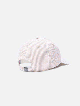 Baseball cap with visor in cotton seersucker with beige and white stripes